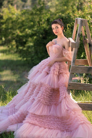 Ruffled Pink Off Shoulder Gown - Amelie Baku Couture