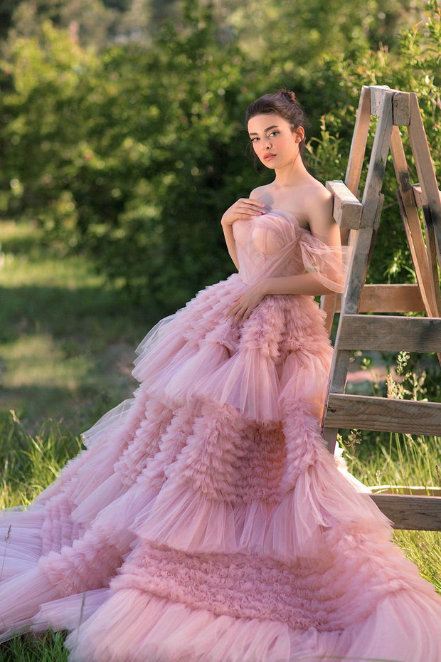 Ruffled Pink Off Shoulder Gown - Amelie Baku Couture