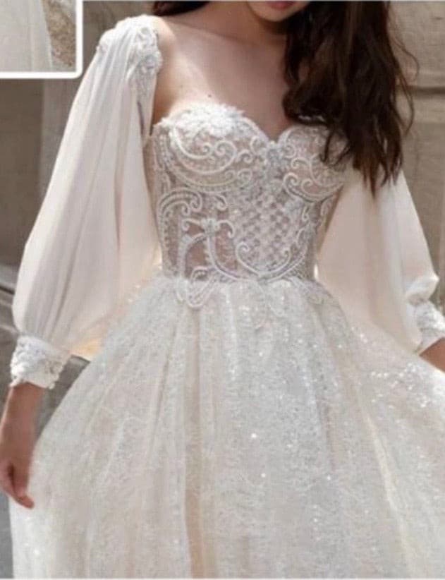 A-line bridal dress with puffy sleeves - Amelie Baku Couture