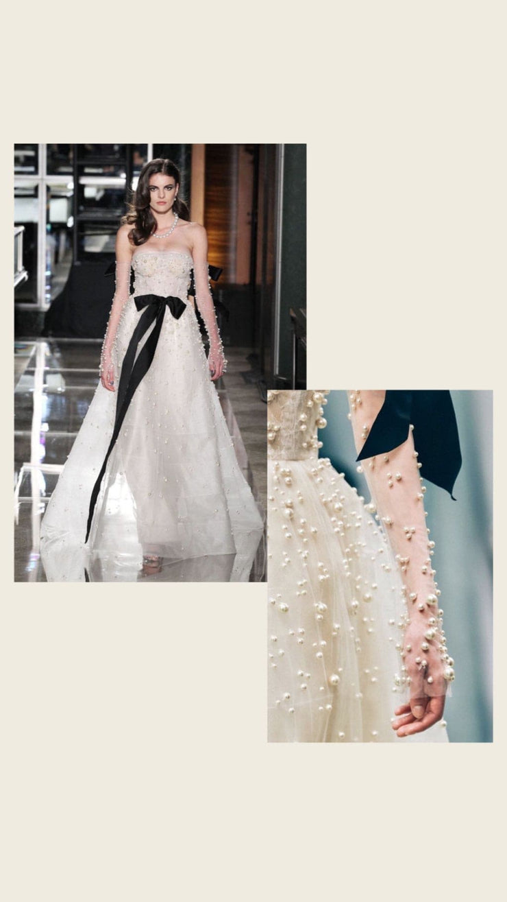Velvet Belt Detailed Handmade Pearly Dress - Amelie Baku Couture