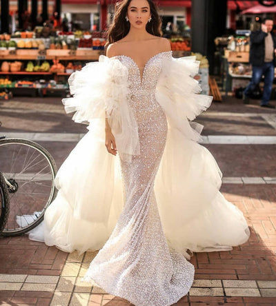 Crystal Pearls Mermaid Detachable Tulle Bridal Dress - Amelie Baku Couture