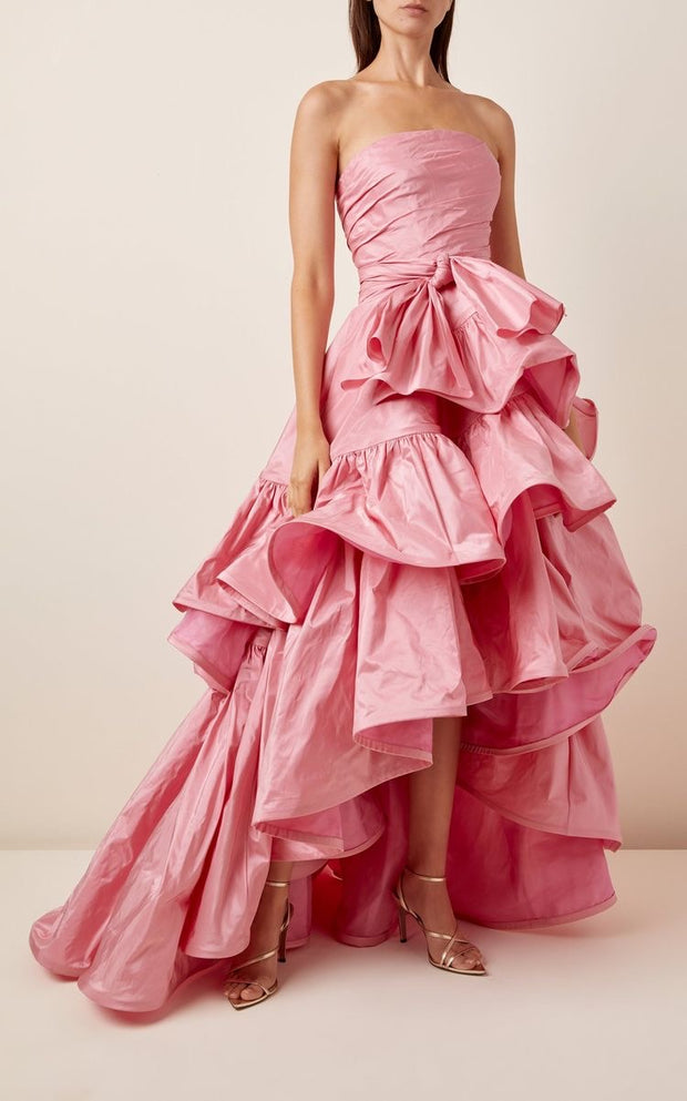 Pink Taffeta Strapless Ruffled Gown