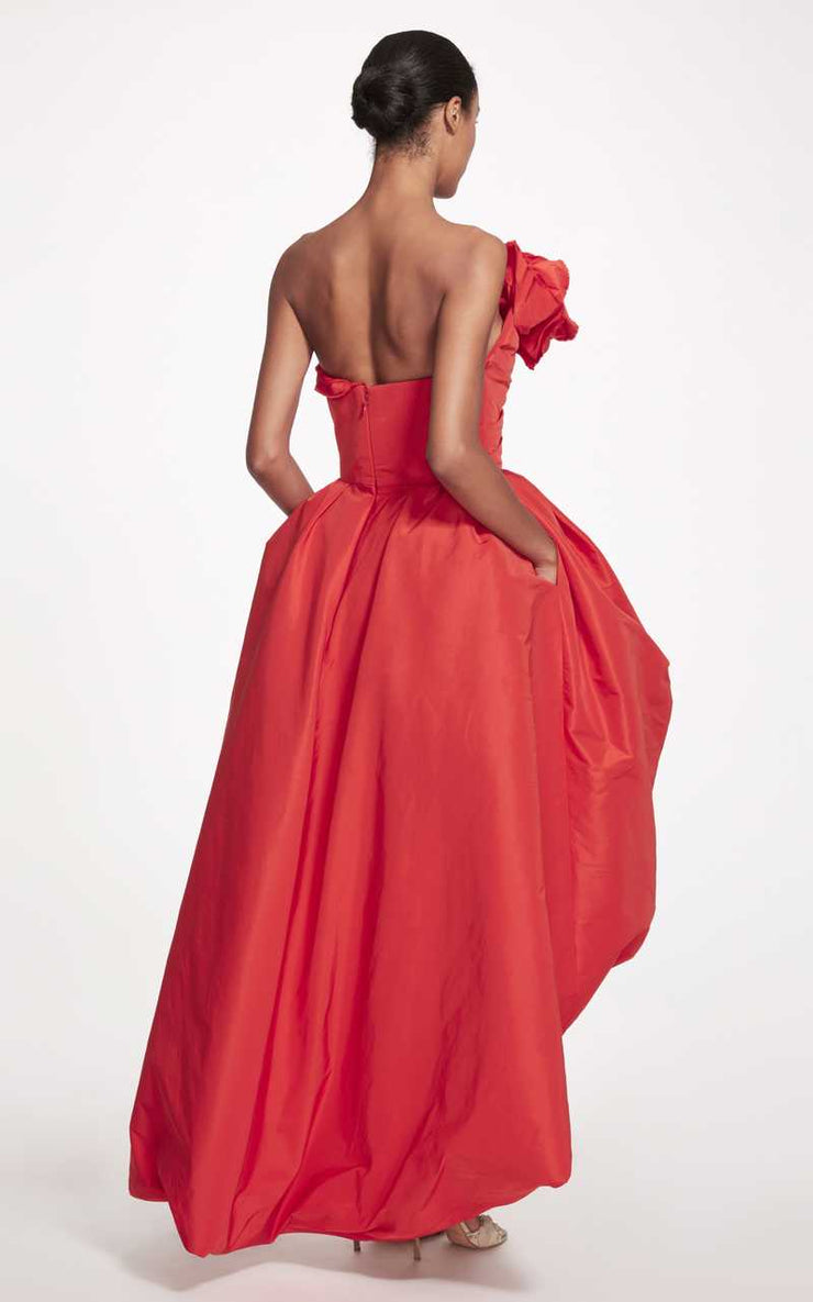Strapless Draped Rose-Accented Faille Ball Gown