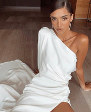 Lynda one sleeve white dress - Amelie Baku Couture