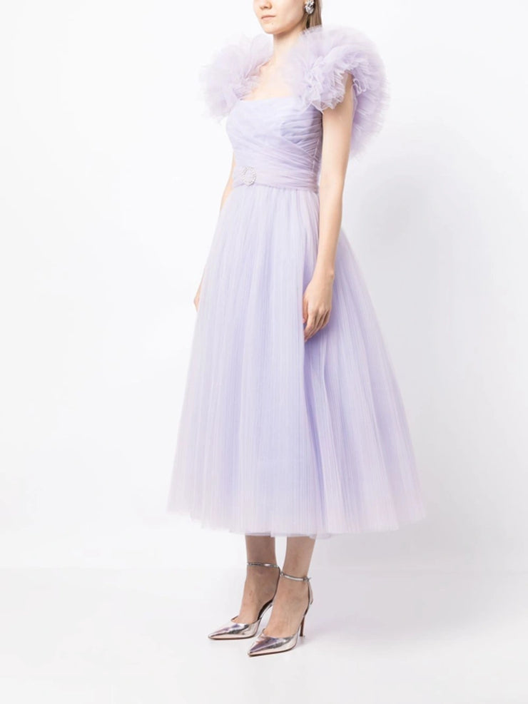 Lilac Tulle Puff Sleeves Midi Dress