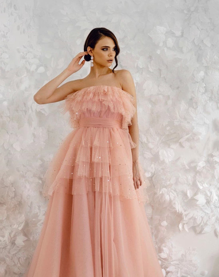 Eva Gown-Peony Collection -Pink With Gold Details-By Amélie - Amelie Baku Couture
