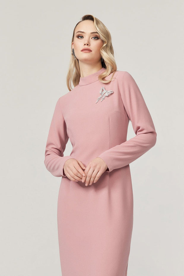 Dusty Pink Long Sleeve Midi Dress - Amelie Baku Couture