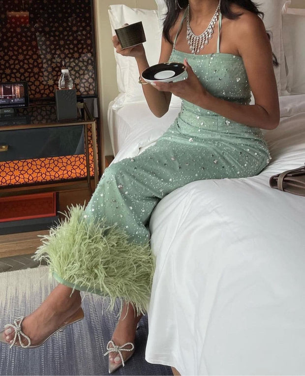 Mint Handmade Feather Dress