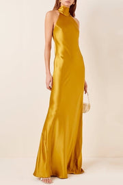 High-halterneck silk dress in Mustard shade - Amelie Baku Couture