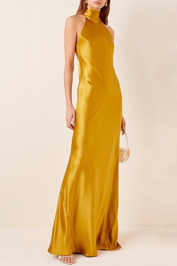 High-halterneck silk dress in Mustard shade | Amelie Baku Couture High-halterneck silk dress in Mustard shade | Amelie Baku Couture