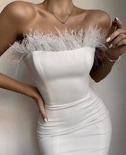 White Strapless Feather Dress - Amelie Baku Couture