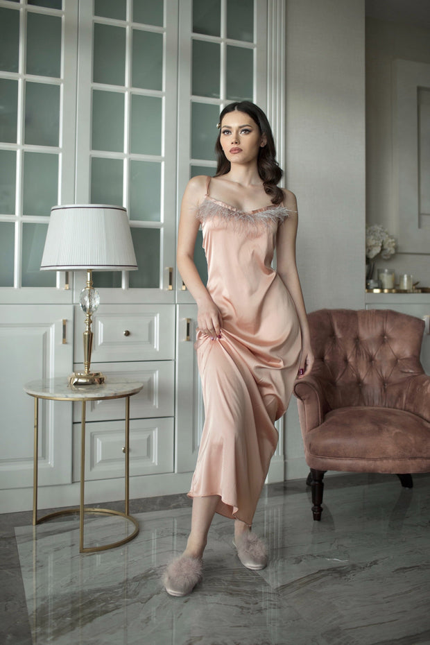 Feather Neck Satin Dress - Amelie Baku Couture