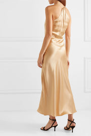 Silk-satin halterneck midi dress in golden hues - Amelie Baku Couture