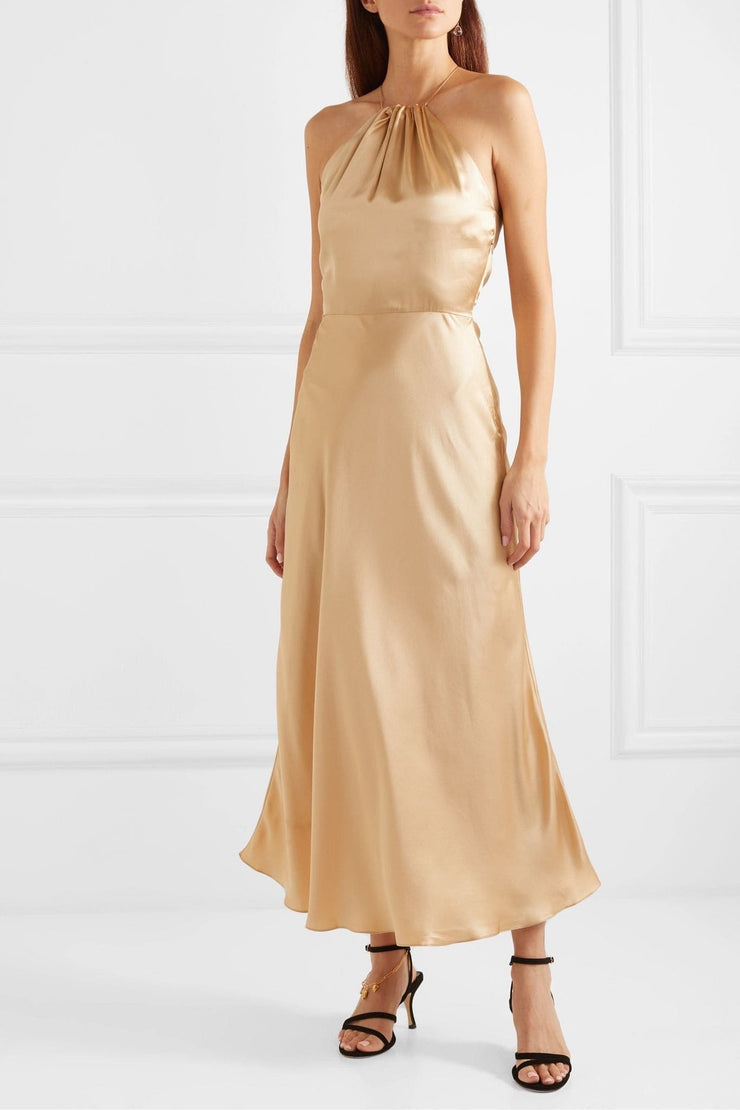 Silk-satin halterneck midi dress in golden hues - Amelie Baku Couture