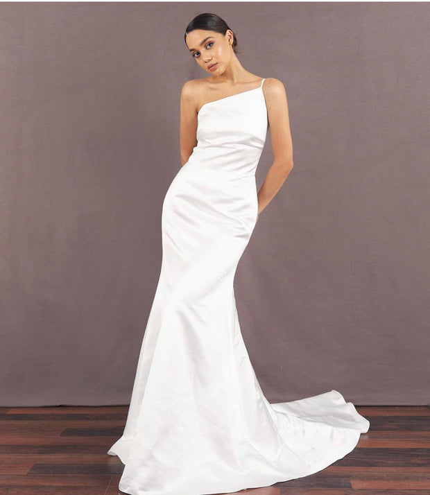 One-shoulder floor length White Dress - Amelie Baku Couture