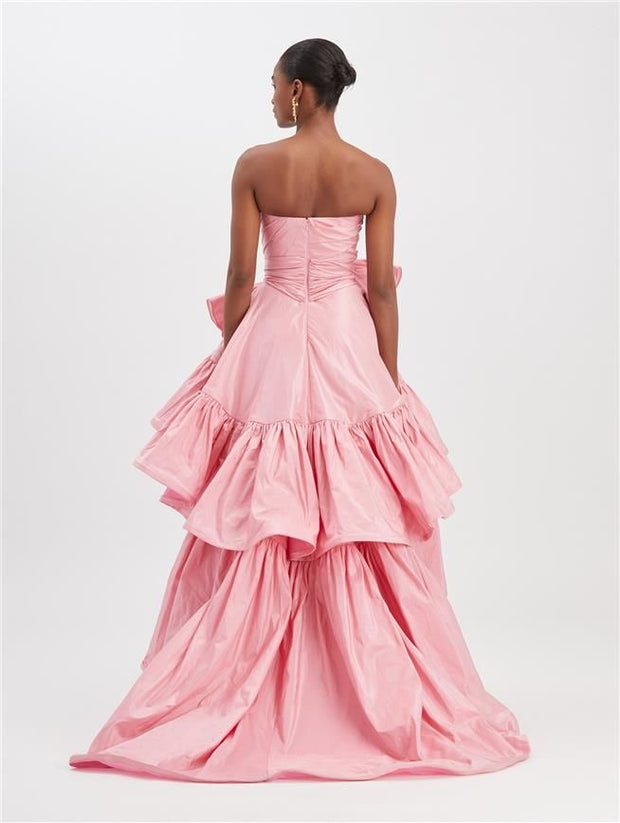 Pink Taffeta Strapless Ruffled Gown