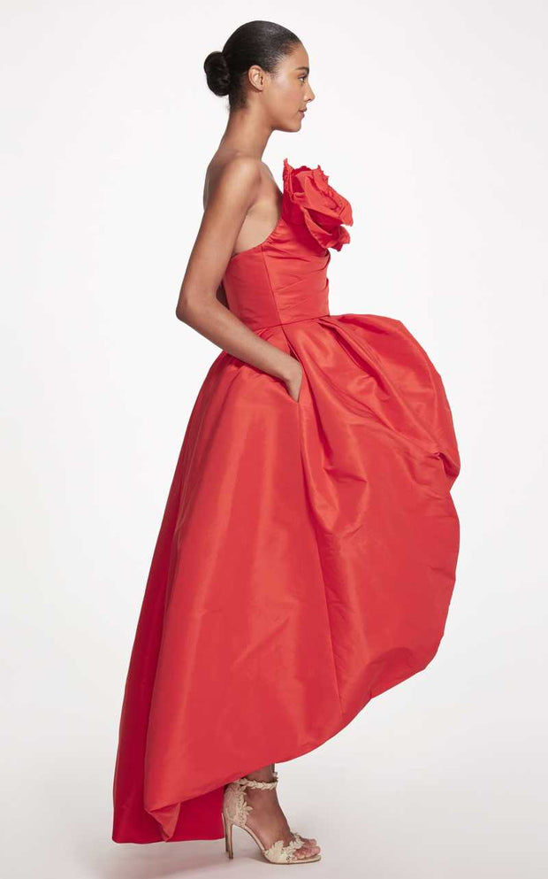 Strapless Draped Rose-Accented Faille Ball Gown