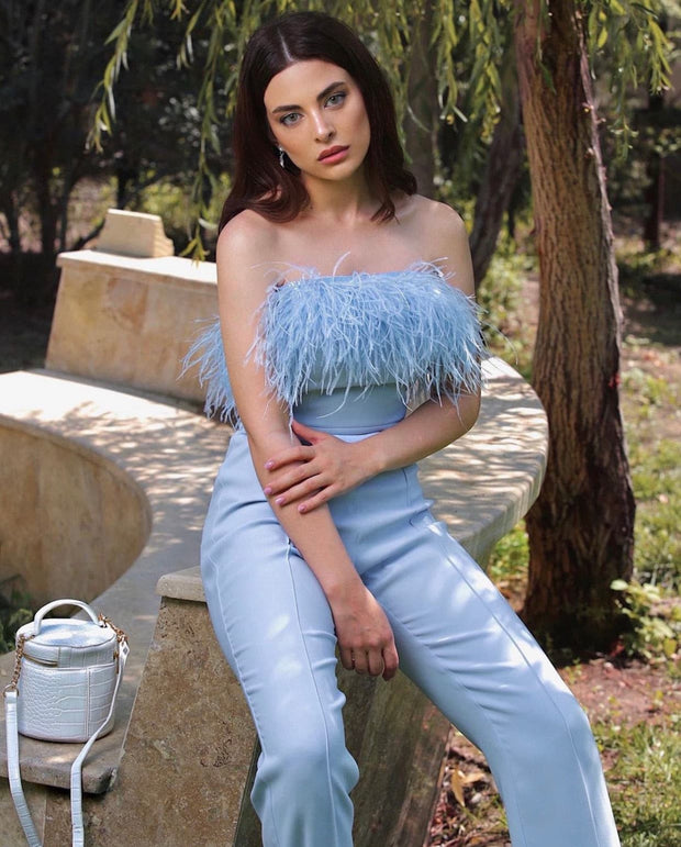 Strapless Jumpsuit with Feathers in Blue - Amelie Baku Couture