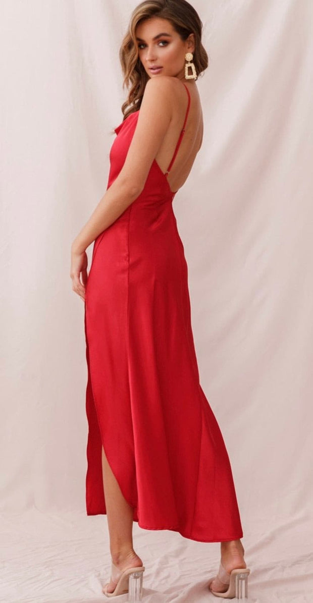 Long Satin Cowl Neck Dress in Red - Amelie Baku Couture