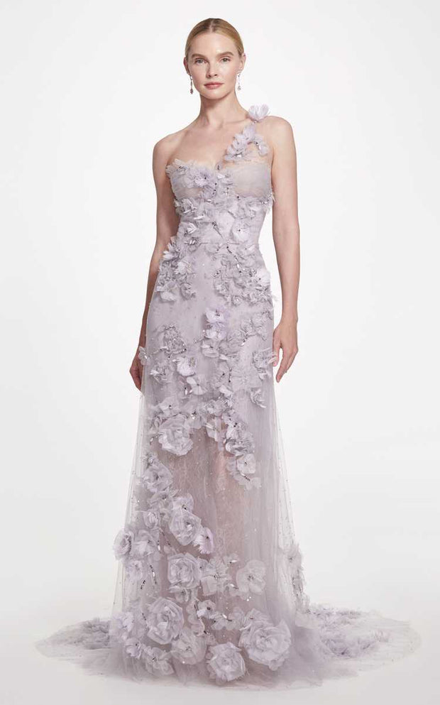 Floral Feather-Appliquéd Tulle Gown