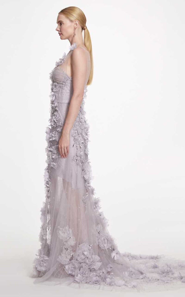 Floral Feather-Appliquéd Tulle Gown