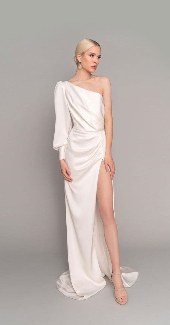 Lynda one sleeve white dress | Amelie Baku Couture Lynda one sleeve white dress | Amelie Baku Couture