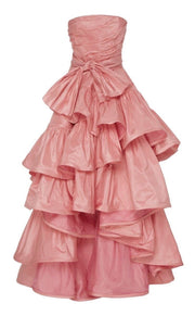Pink Taffeta Strapless Ruffled Gown