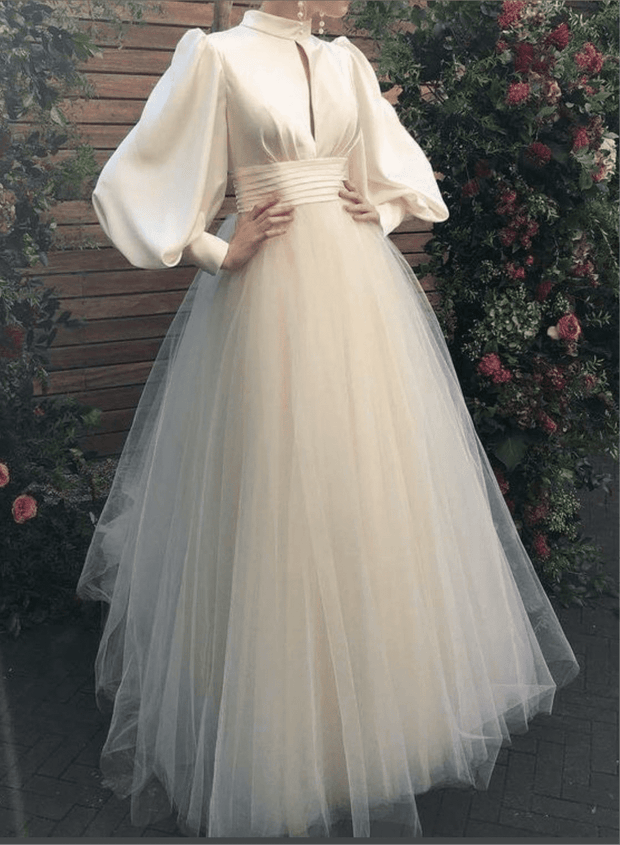 Elodie White Satin & Tulle Gown - Amelie Baku Couture