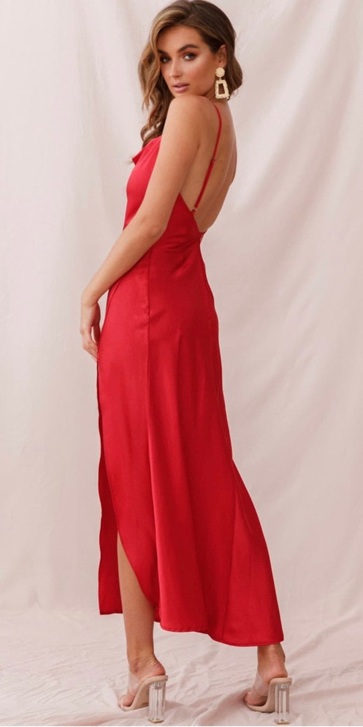 Long Satin Cowl Neck Dress in Red - Amelie Baku Couture