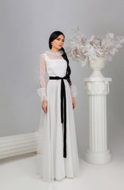 High Neck Ethereal Tulle Dress with Bow Belt - Amelie Baku Couture