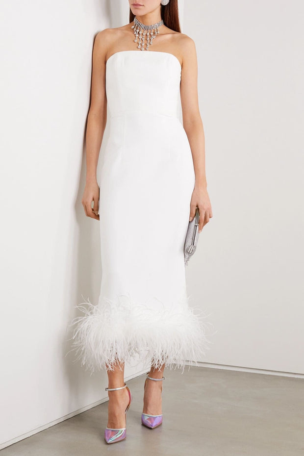 Strapless feather-trimmed crepe midi dress - Amelie Baku Couture