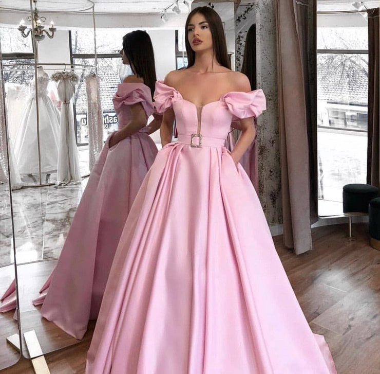 Off the shoulders ball gown.