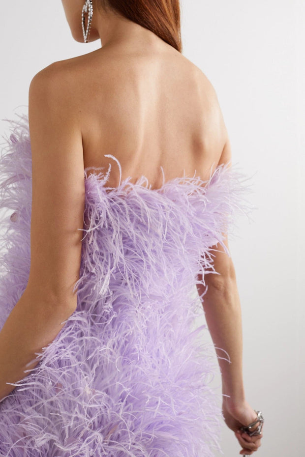 Strapless feather-embellished mini dress in Lilac - Amelie Baku Couture