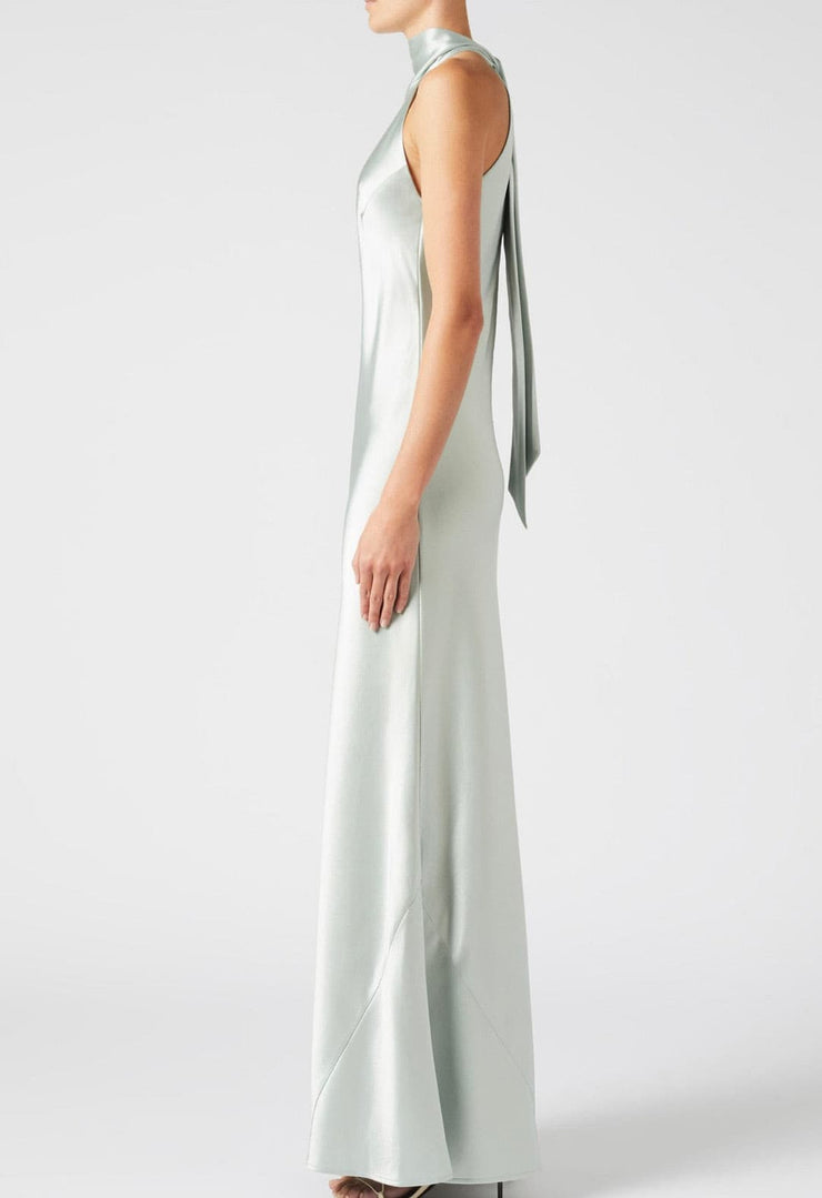 High-halterneck silk dress in pale mint shade - Amelie Baku Couture