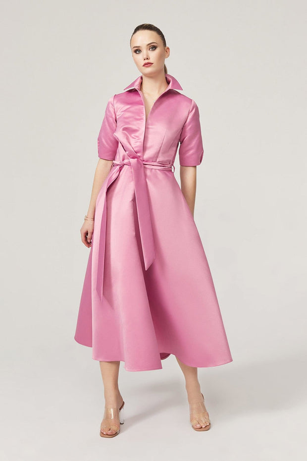 Lily Pink Satin Tea Length Dress - Amelie Baku Couture
