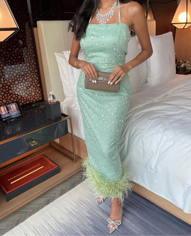 Mint Handmade Feather Dress