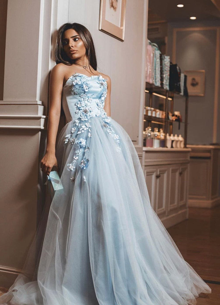 Clara gown-3D flowers sky blue -by Amelie - Amelie Baku Couture