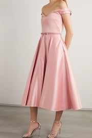 Off-the-shoulder velvet-trimmed satin midi dress - Amelie Baku Couture