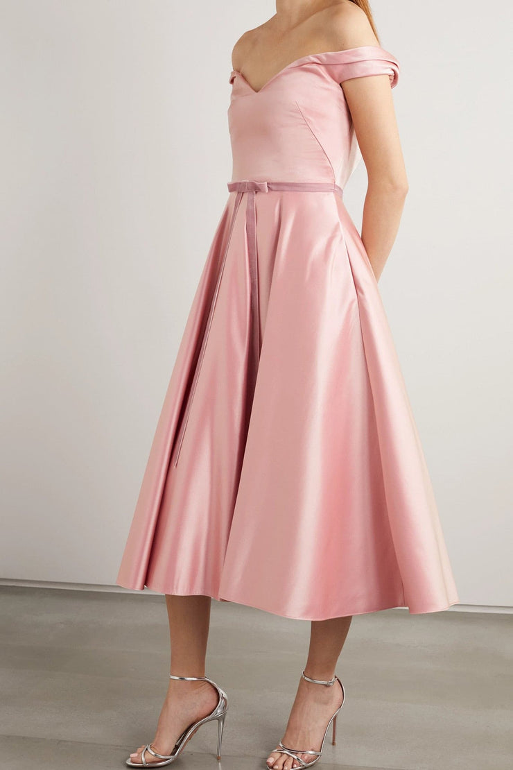 Off-the-shoulder velvet-trimmed satin midi dress - Amelie Baku Couture