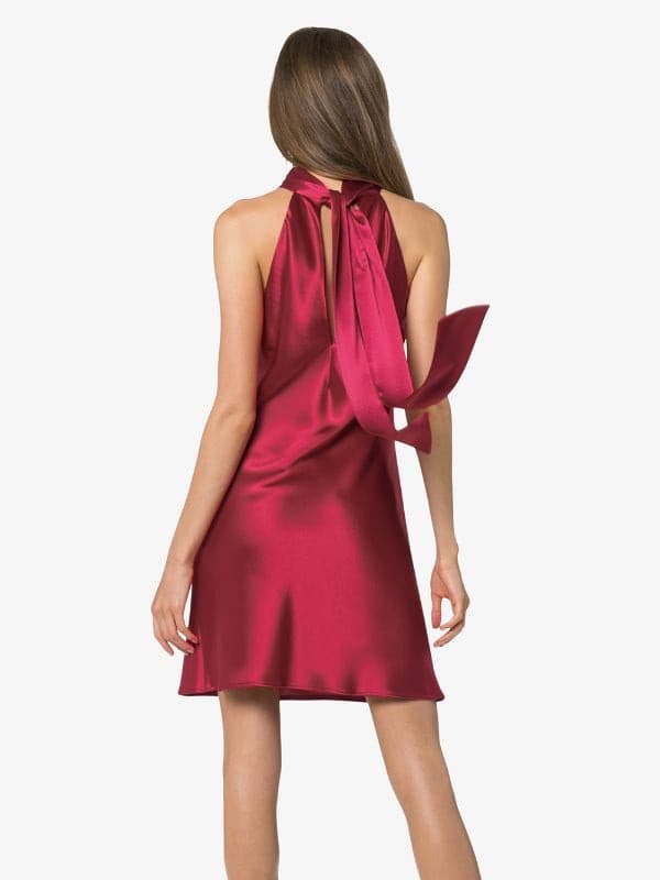 Raspberry Tie-neck satin mini dress - Amelie Baku Couture