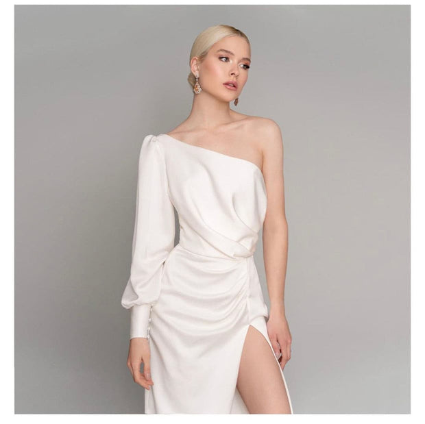 Lynda one sleeve white dress - Amelie Baku Couture