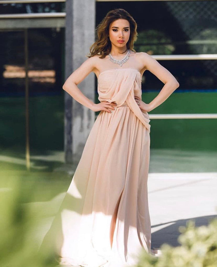 Straight across beige Willow dress - Amelie Baku Couture