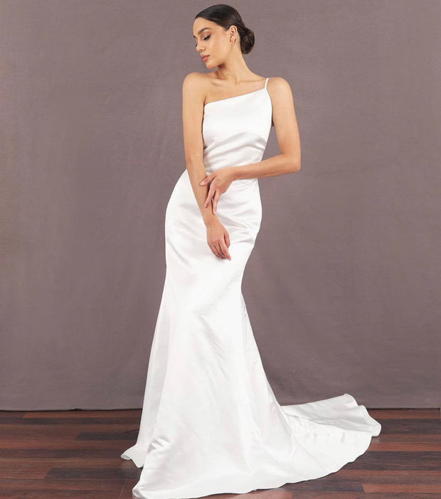 One-shoulder floor length White Dress - Amelie Baku Couture