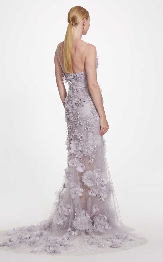 Floral Feather-Appliquéd Tulle Gown