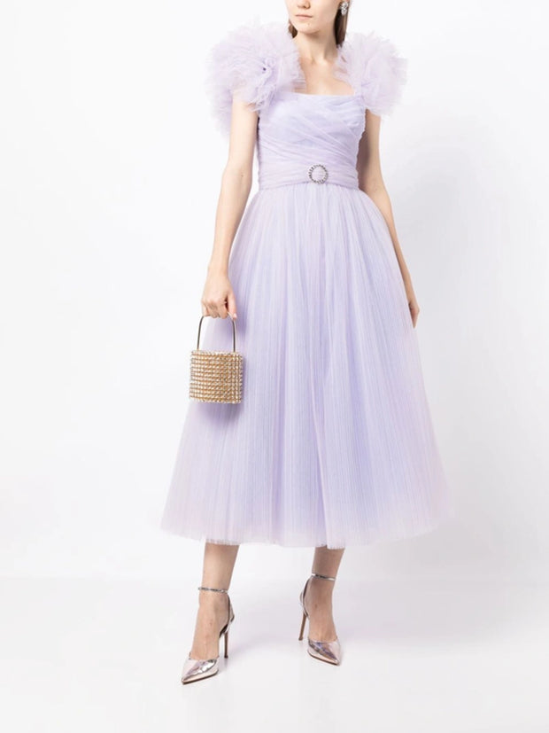 Lilac Tulle Puff Sleeves Midi Dress